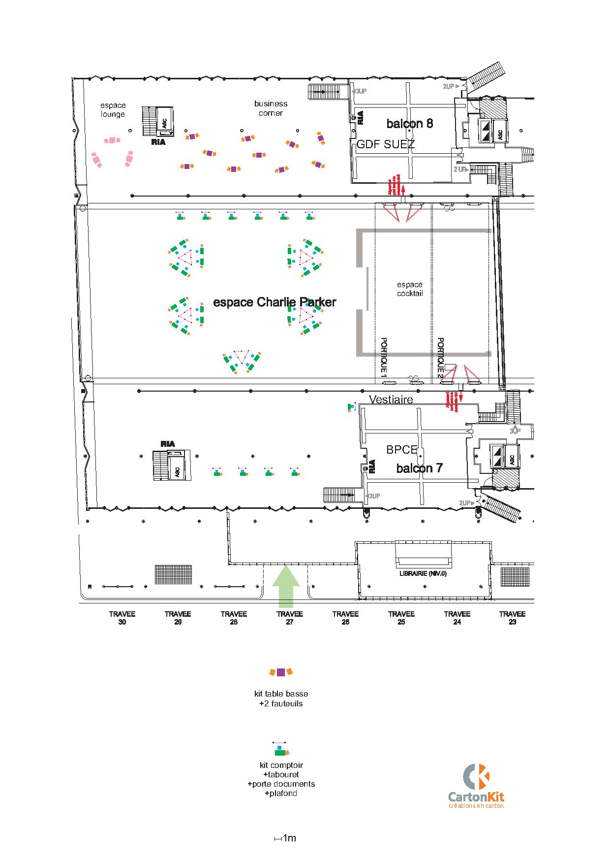 implantation et amenagement d' un salon exposition avec meubles en carton